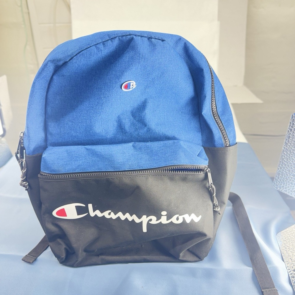 Champion Backpack Bag Mens Black Blue Zipper Logo School Zip Pocket